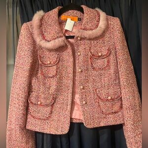 Cynthia Steffe Pink Tweed Blazer with Faux Fur Collar